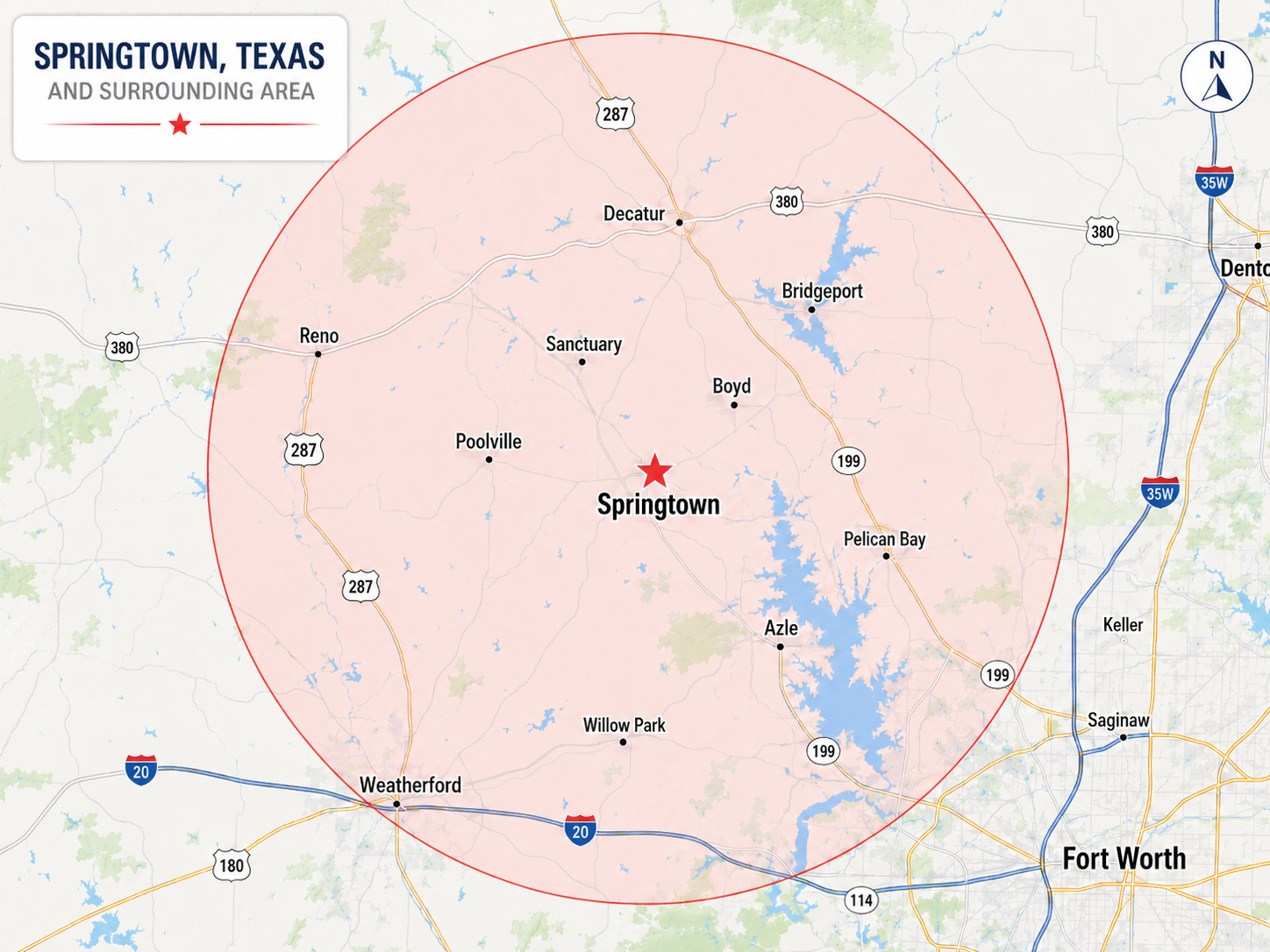 An image of our service area, basically a 30 mile radius of Springtown, TX.